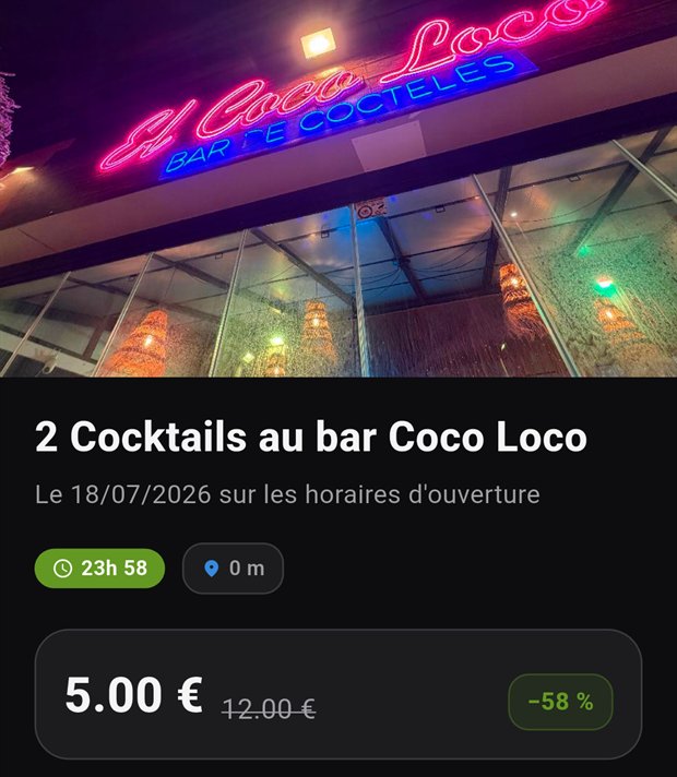 La fiche d'un deal dans FlashDeal : photo, titre, compte à rebours, prix réduit face au prix barré et pourcentage de remise.