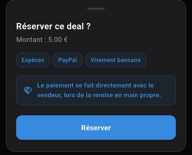 La réservation d'un deal dans FlashDeal : le montant, les moyens de paiement acceptés par le vendeur (espèces, PayPal, virement) et le rappel que le paiement se fait en main propre.