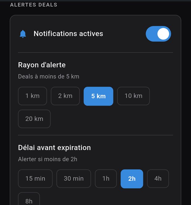 Le réglage des alertes dans FlashDeal : notifications actives, rayon d'alerte réglé sur 5 km, délai avant expiration réglé sur 2 heures, et les catégories suivies.